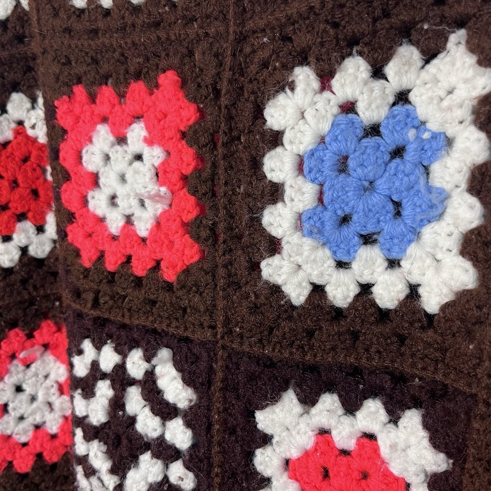 Handmade Crochet Granny Square Afghan Blanket Throw 40x64 Retro Brown Red